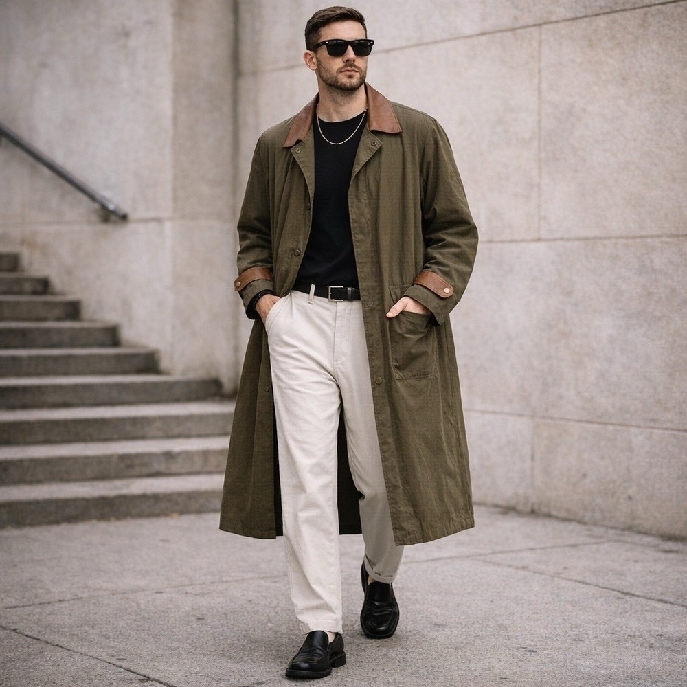 Emporio Gotano Men's Trench Coat Small Army Green Leather Trim Oversized Utility